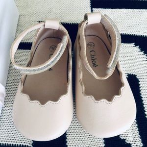 Scalloped leather soft pink ballerinas
